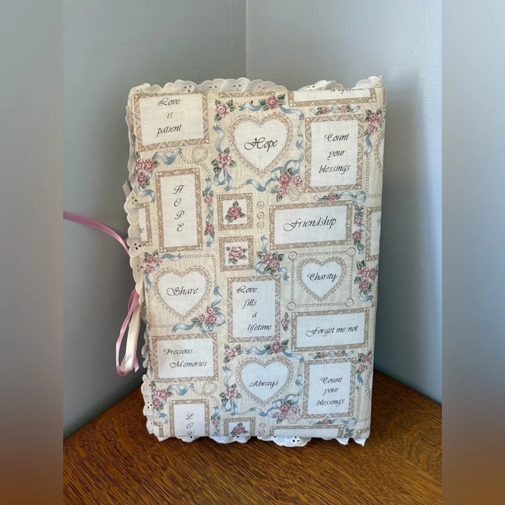 Vintage Fabric Covered Photo Album Shabby Chic Bow Heart Eyelet Scalloped Edge